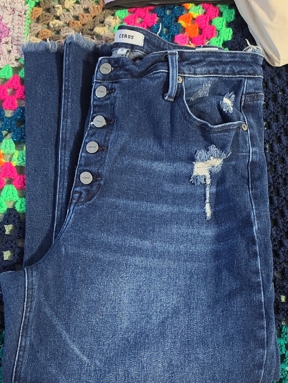 Women's Dark Blue Distressed High-Rise Button-Fly Jeans